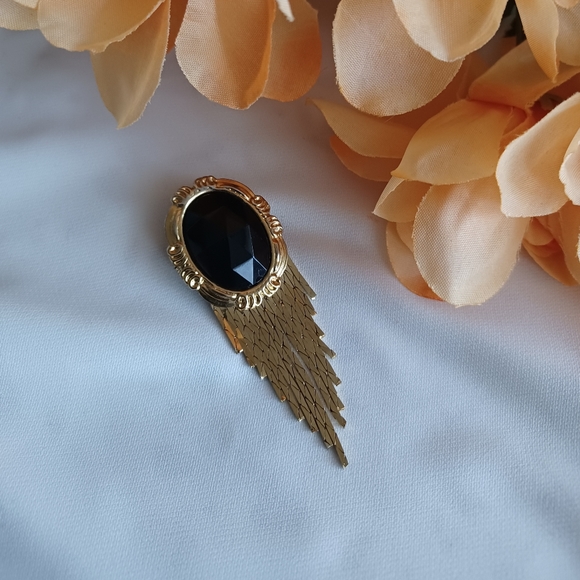 Vintage 80's Black and Gold Tassel Brooch - Picture 1 of 8